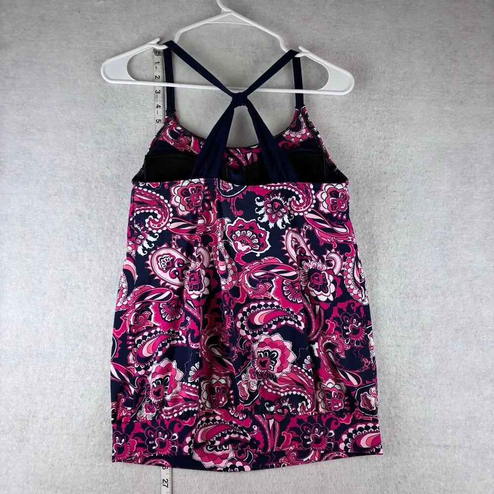 Lands End Tankini Swimsuit Top Women’s 8 Long Tall Pink Paisley Navy Blue Surf